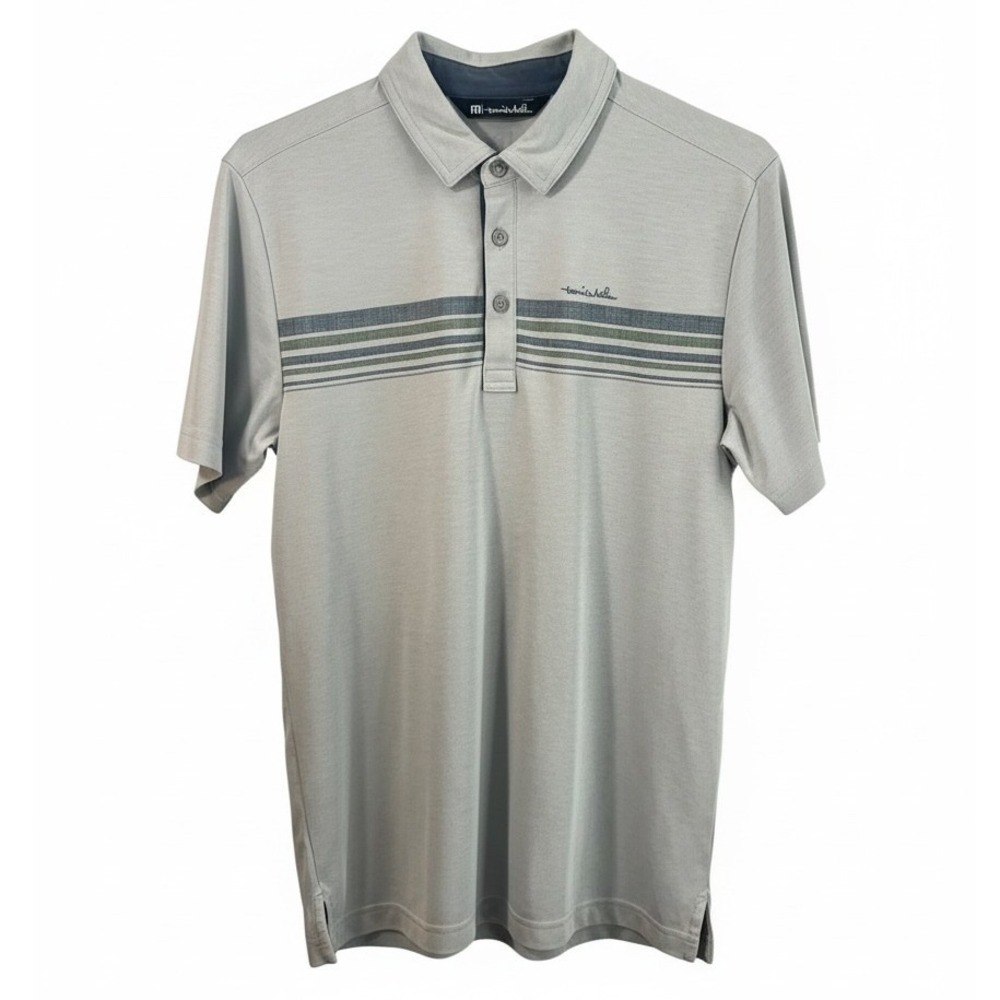 TravisMathew Mens Small Gray Striped Short Sleeve Performance Golf Polo Shirt
